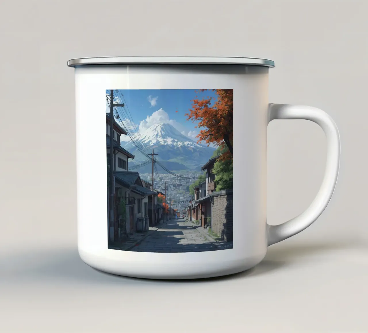 Vista sul Monte Fuji da una strada di ciottoli con case giapponesi tazza in smalto da DesignDoodle
