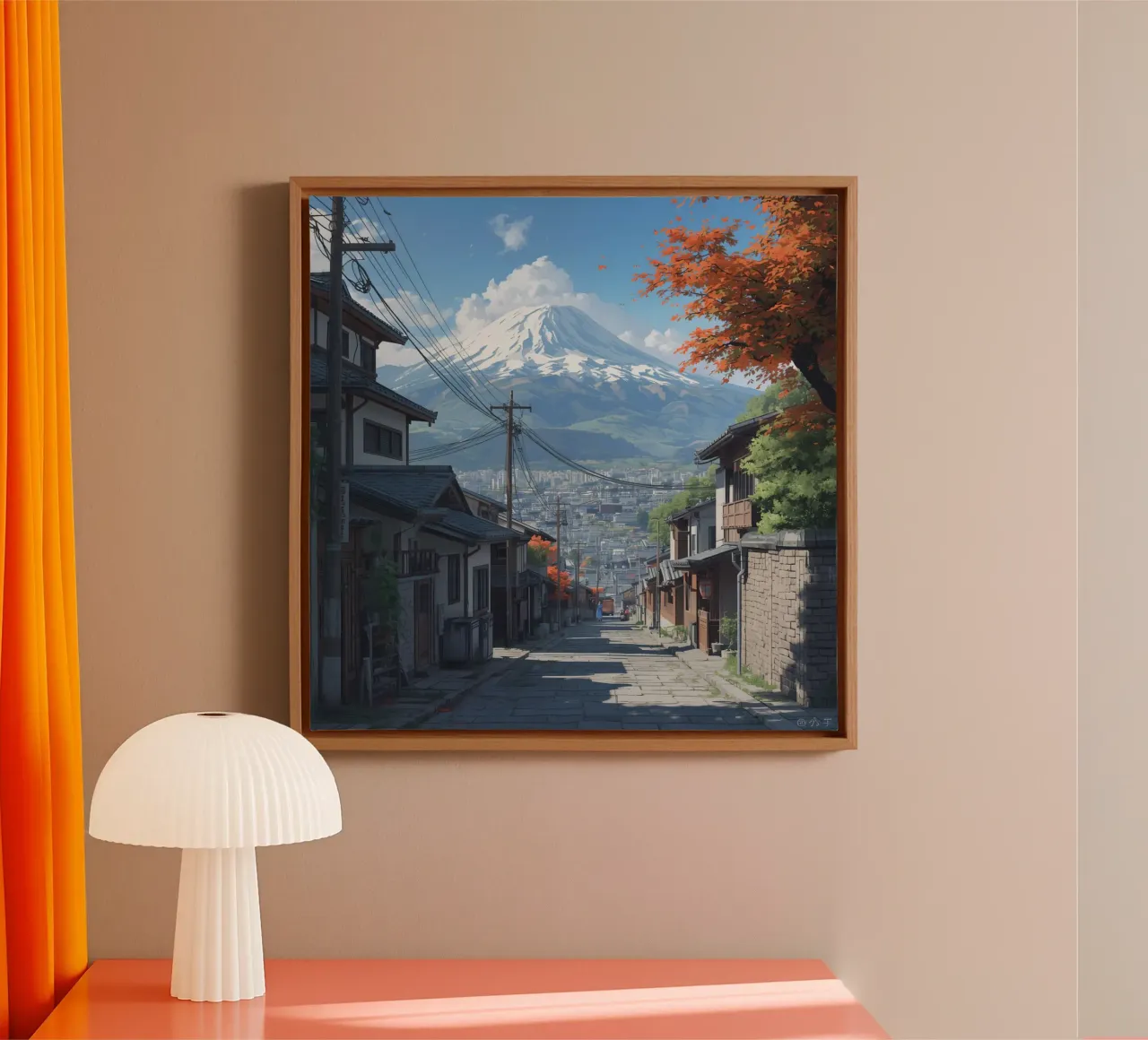 Vista sul Monte Fuji da una strada di ciottoli con case giapponesi tela con Cornice a cassetta da DesignDoodle