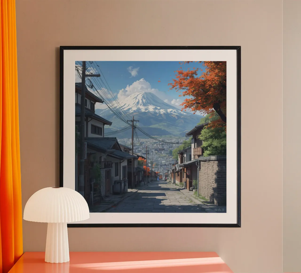 Vista sul Monte Fuji da una strada di ciottoli con case giapponesi poster con telaio in legno da DesignDoodle