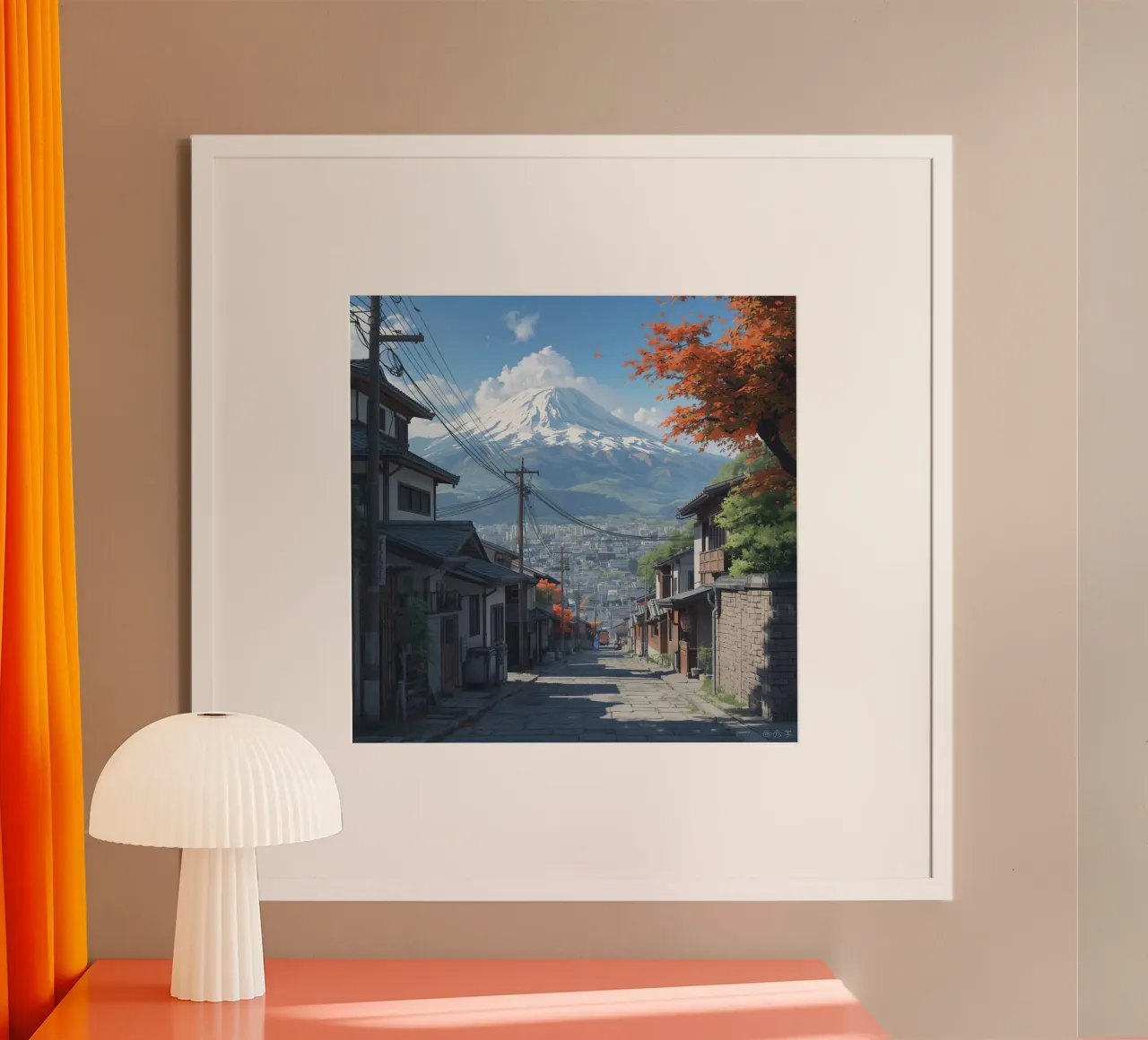 Vista sul Monte Fuji da una strada di ciottoli con case giapponesi poster con telaio in legno da DesignDoodle
