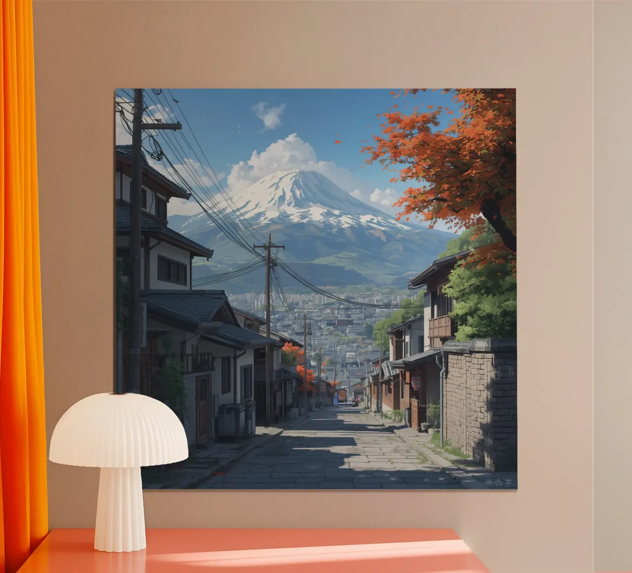 Vista sul Monte Fuji da una strada di ciottoli con case giapponesi poster con telaio in legno da DesignDoodle