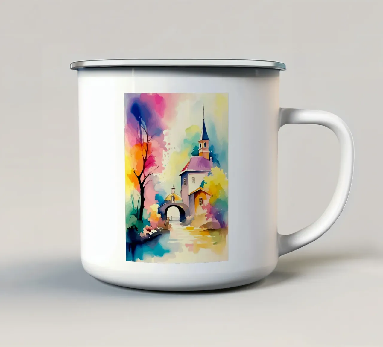 house on the riverbank tazza in smalto da Dumery Art