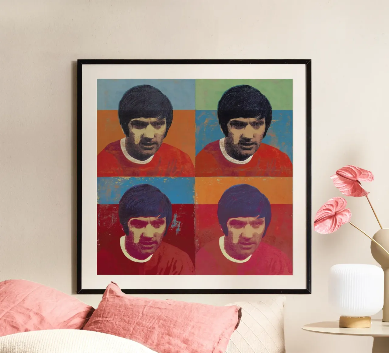 George Best 4 poster con telaio in alluminio da Andy Bridge