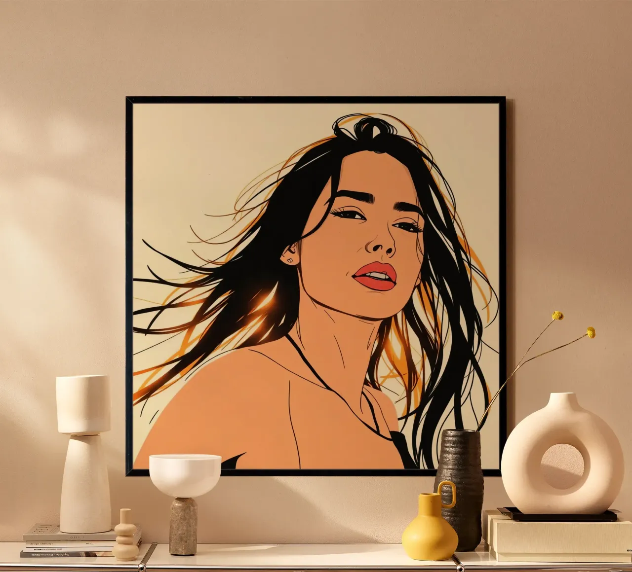 Illustration einer Frau mit schwarzem Haar und rotem Lippenstift Poster von DesignDoodle