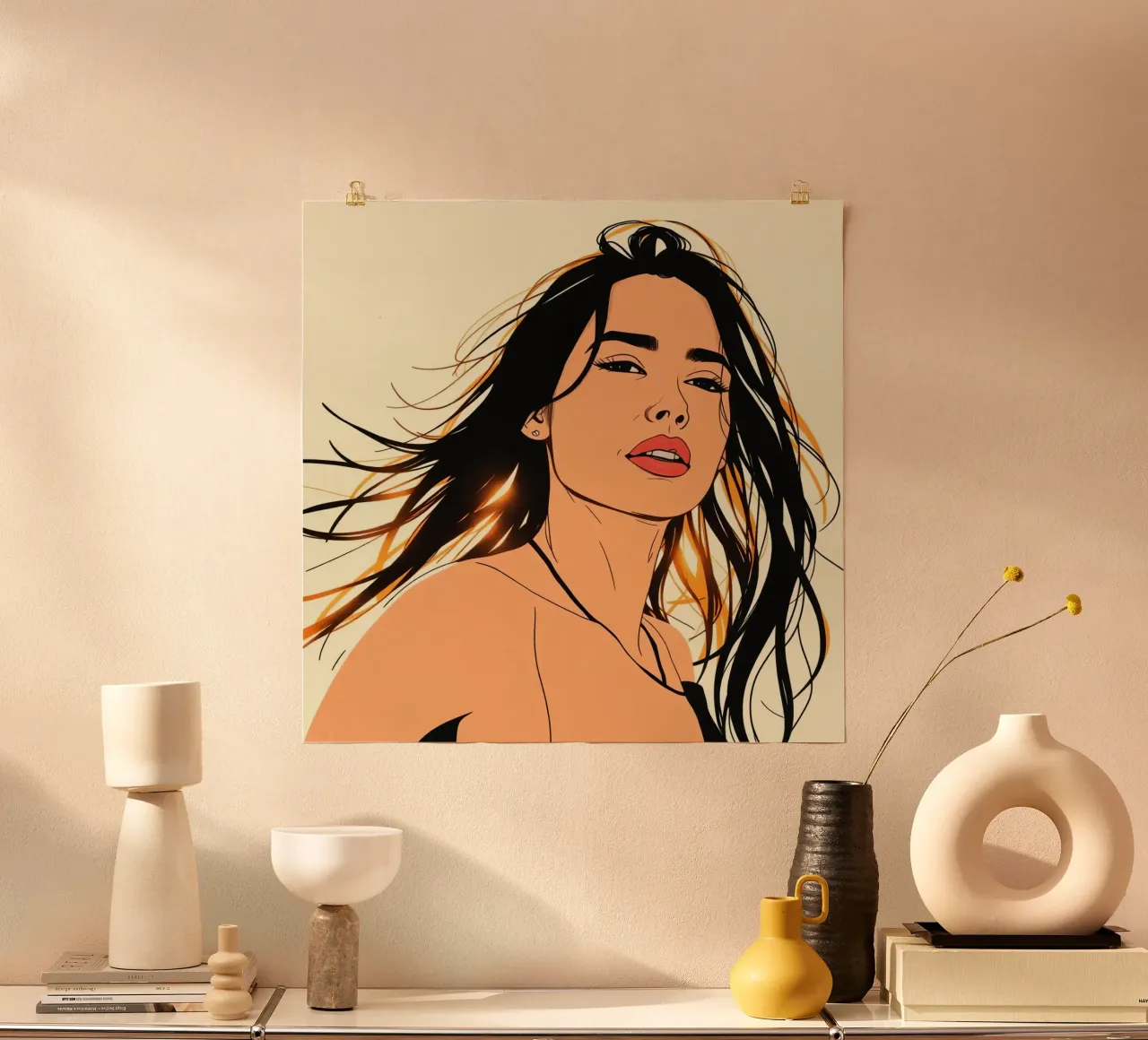 Illustration einer Frau mit schwarzem Haar und rotem Lippenstift Poster von DesignDoodle