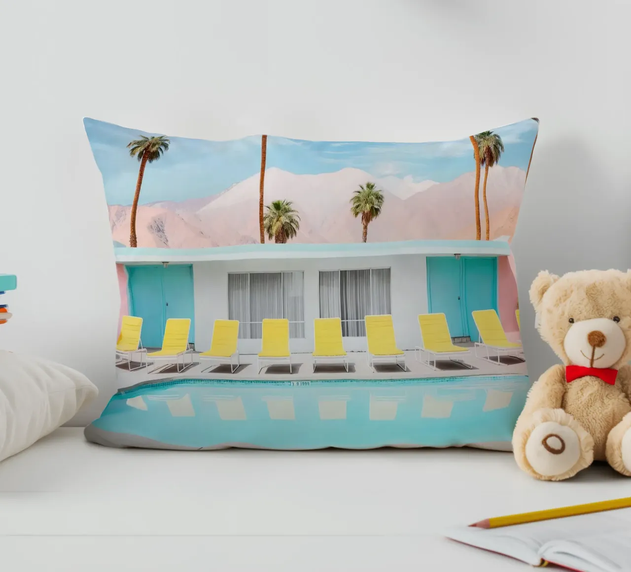 Palm Spring Pool Day decorative cushion by robertmotoiart