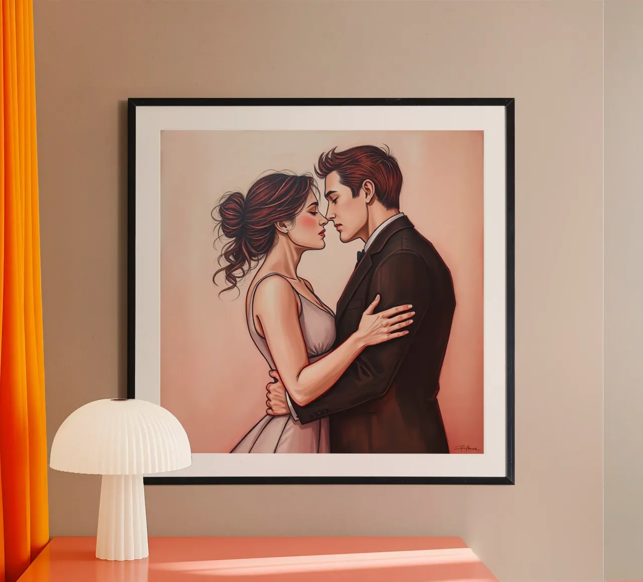 Coppia abbracciata in abito da cerimonia poster con telaio in legno da DesignDoodle