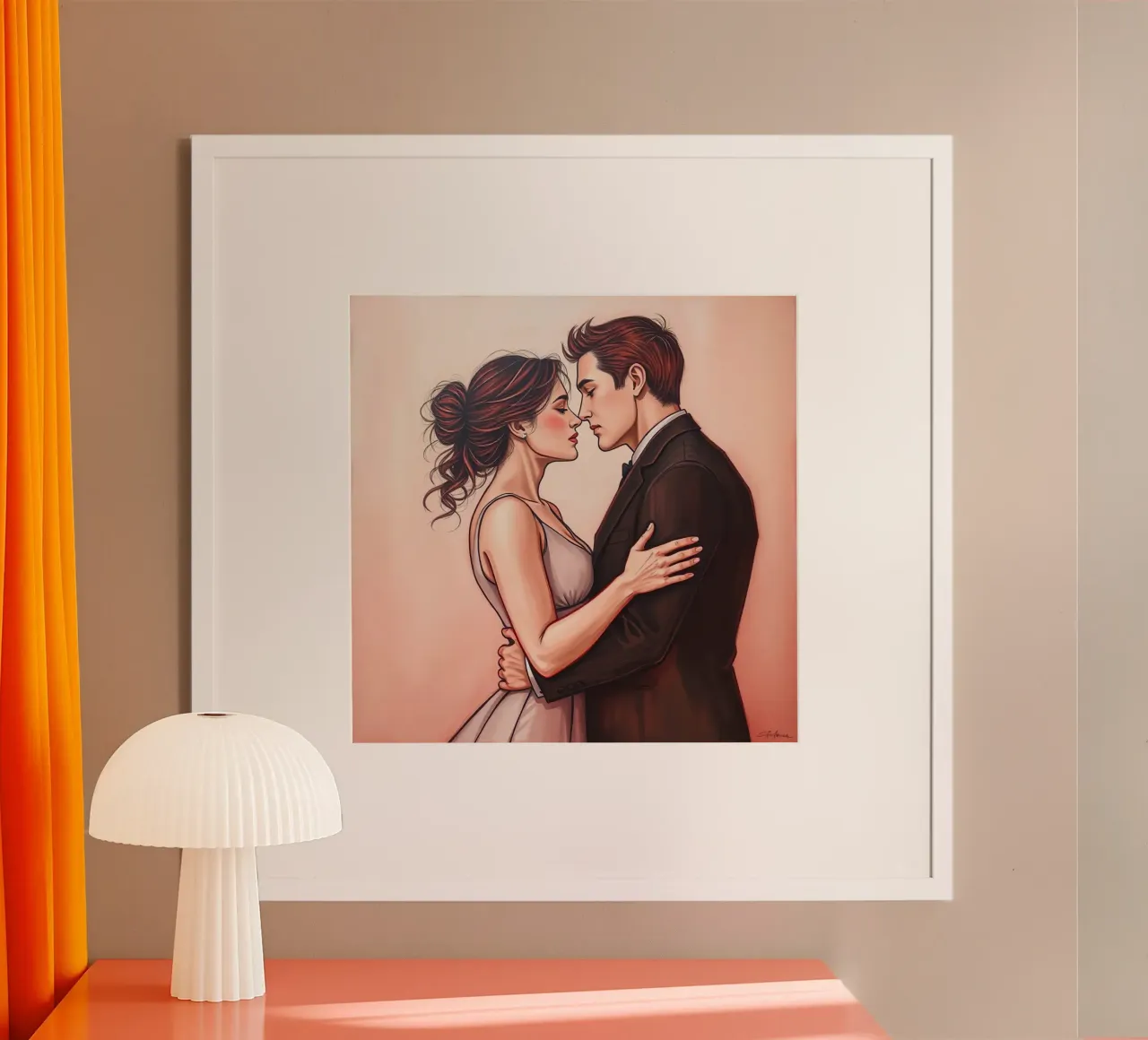 Coppia abbracciata in abito da cerimonia poster con telaio in legno da DesignDoodle