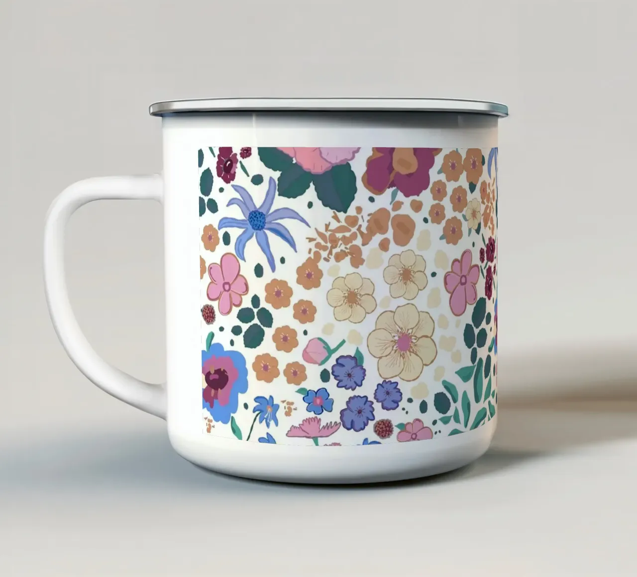 Motivo colorato e vivace bianco tazza in smalto da gulsengunel