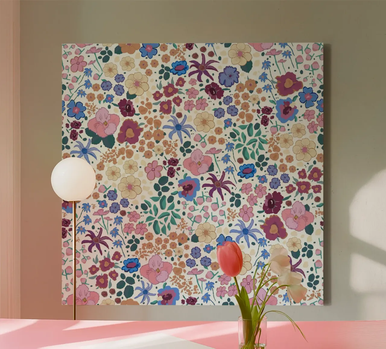 Ditsy colorful pattern white canvas by gulsengunel