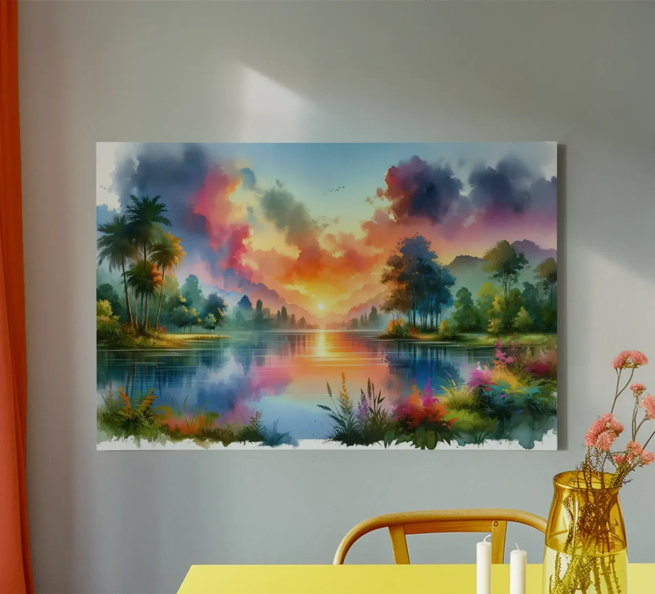 Levendige zonsondergang over het serene meer canvas met Baklijst van Chromatic Fusion Studio