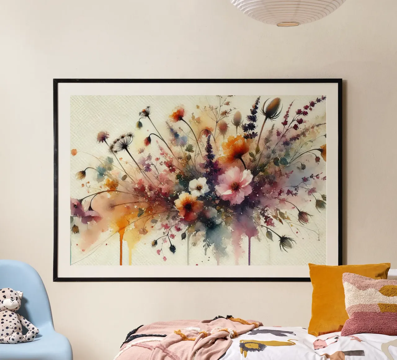 Vibrante sinfonia di fiori selvatici poster con telaio in legno da Chromatic Fusion Studio