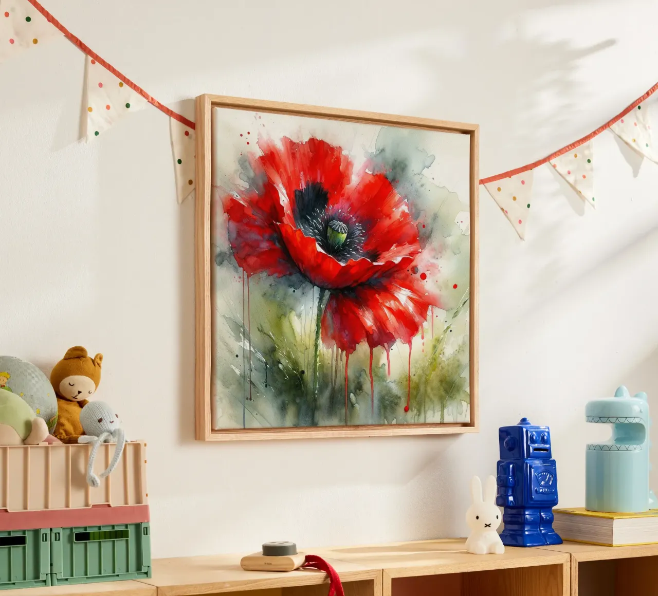 Aquarell Mohn Vibes Leinwand mit Schattenfugenrahmen von Chromatic Fusion Studio