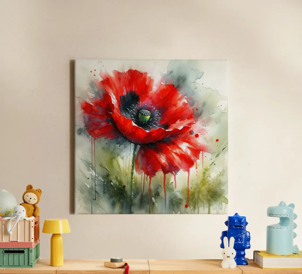 Aquarell Mohn Vibes Leinwand mit Schattenfugenrahmen von Chromatic Fusion Studio