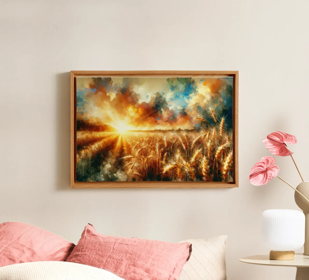 Wheat Field at Sunset with Warm Hues canvas with Floater frame by Chromatic Fusion Studio