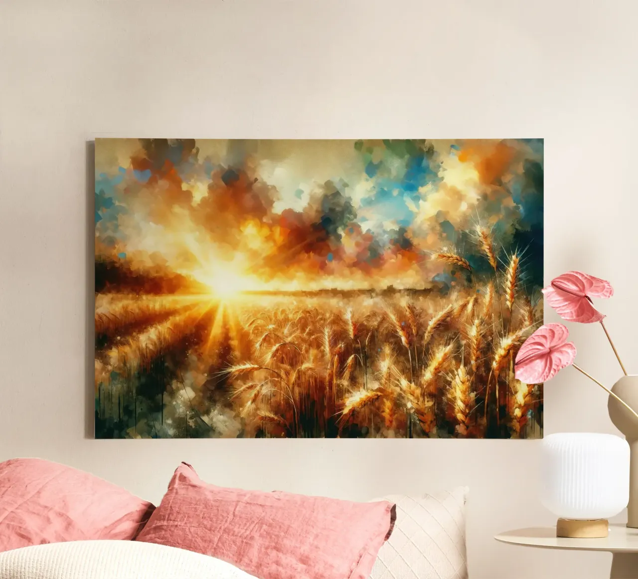 Wheat Field at Sunset with Warm Hues canvas with Floater frame by Chromatic Fusion Studio