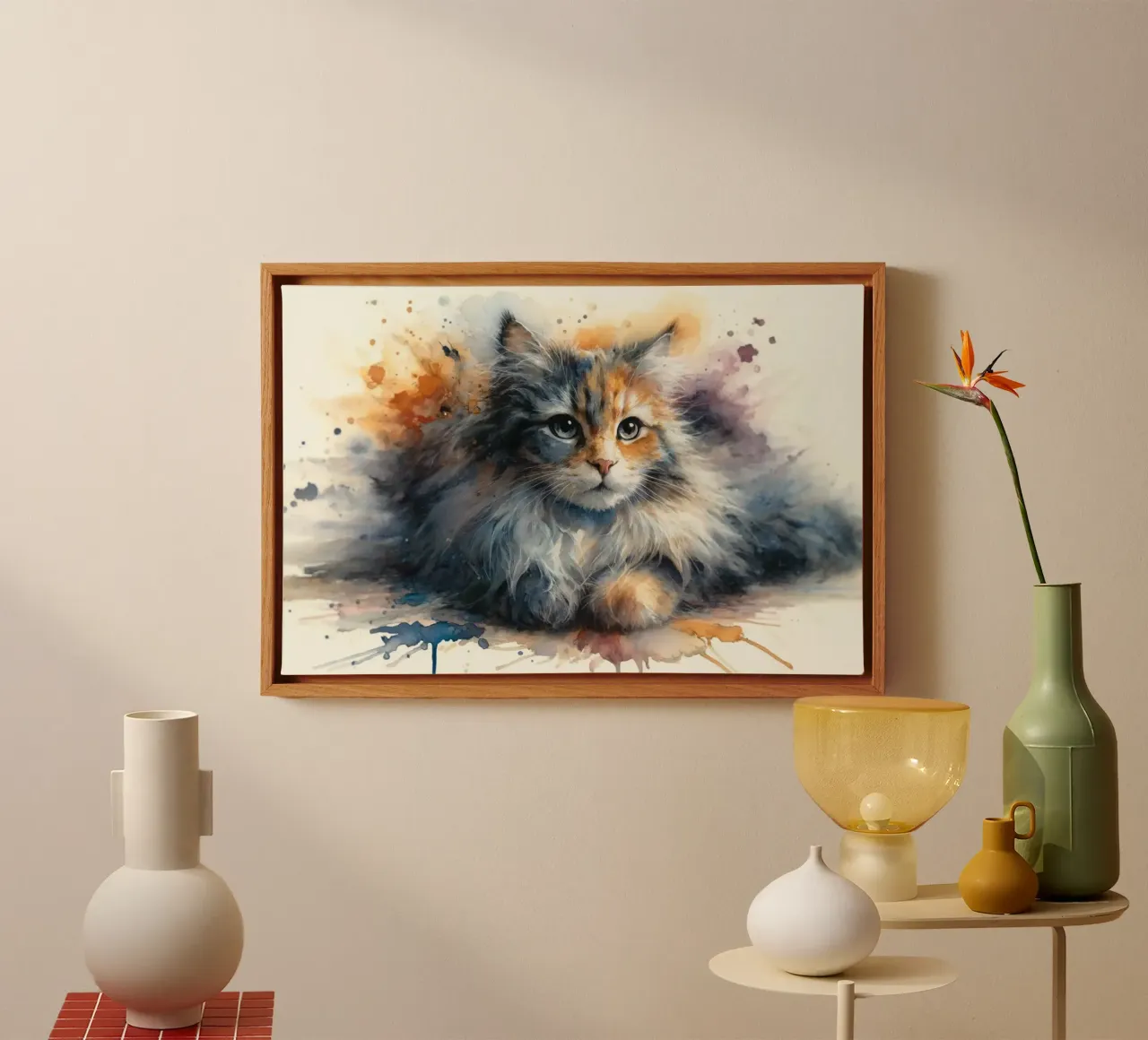 Whimsical Feline Splash canvas with Floater frame by Chromatic Fusion Studio
