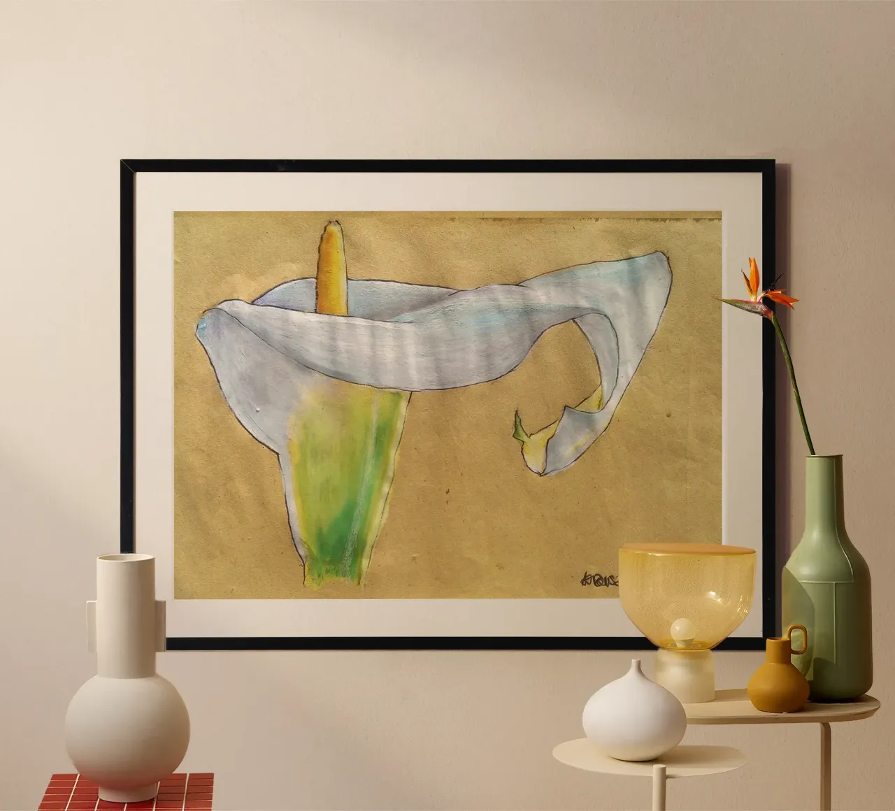 Giglio di Calla, pastello a olio su carta kraft poster con telaio in legno da Martin Ahrens