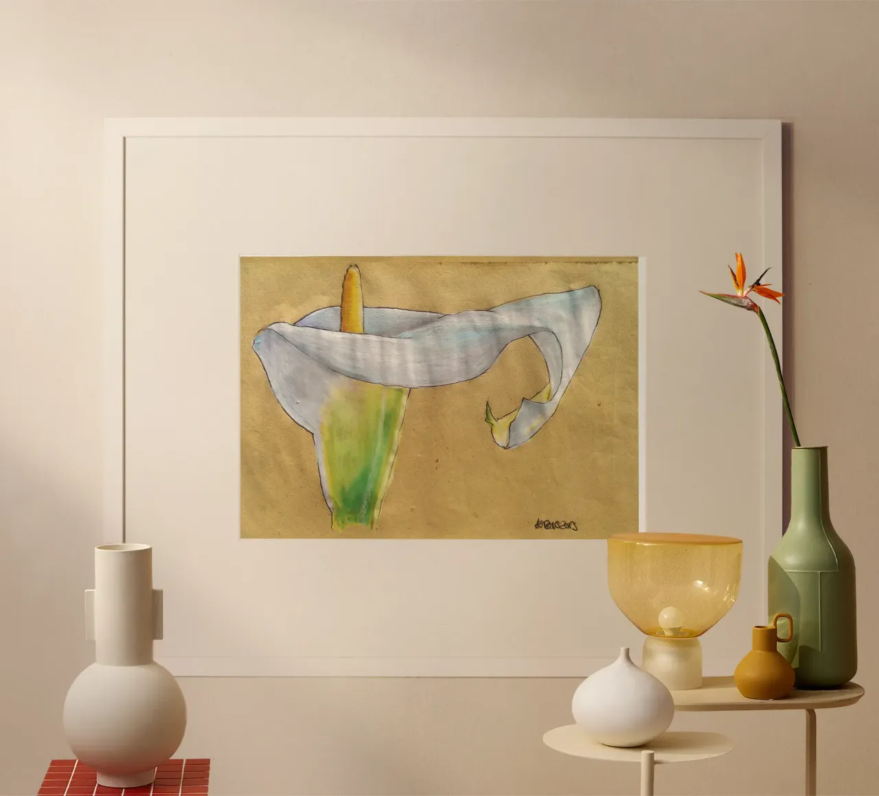 Giglio di Calla, pastello a olio su carta kraft poster con telaio in legno da Martin Ahrens