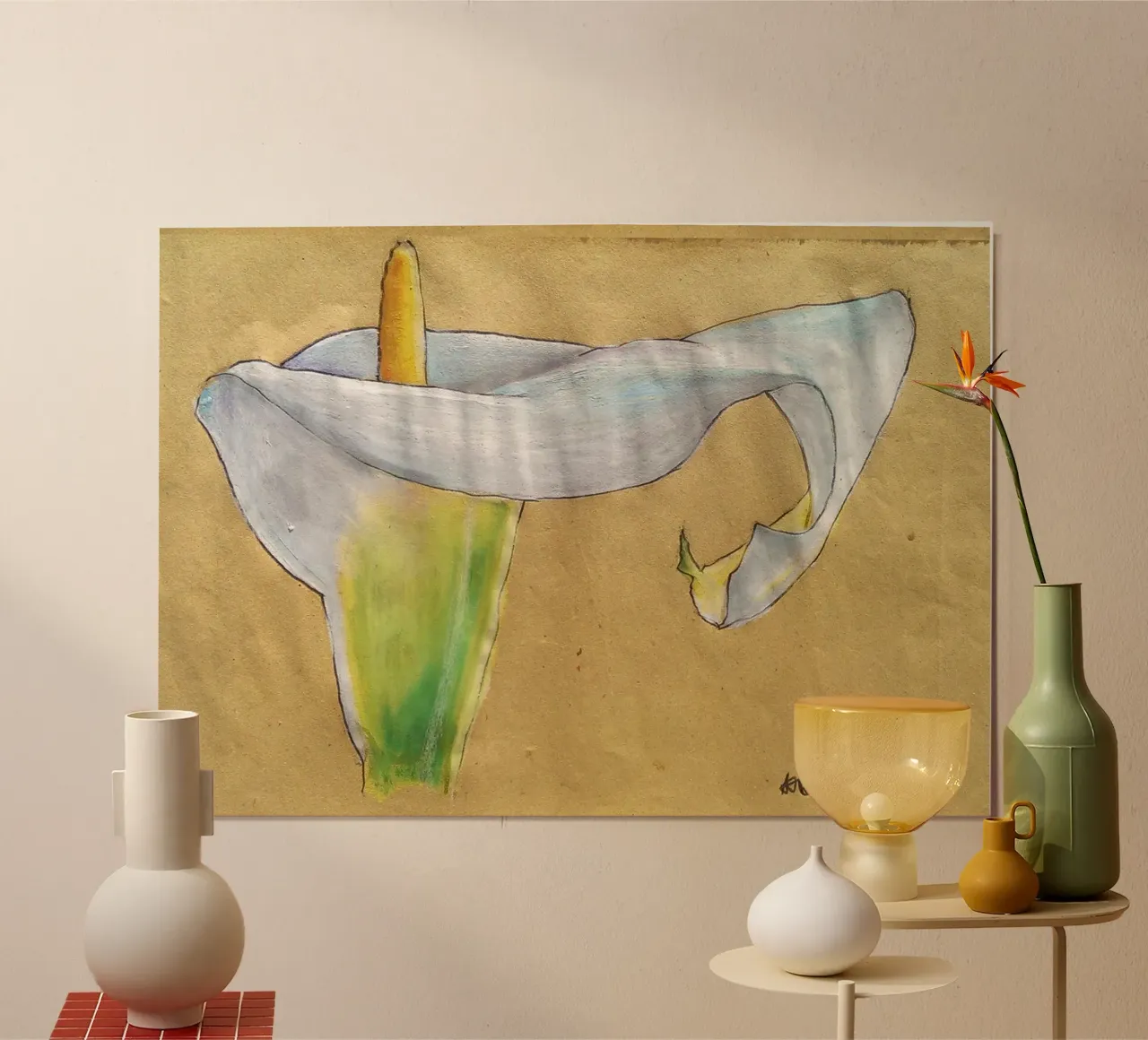 Giglio di Calla, pastello a olio su carta kraft poster con telaio in legno da Martin Ahrens