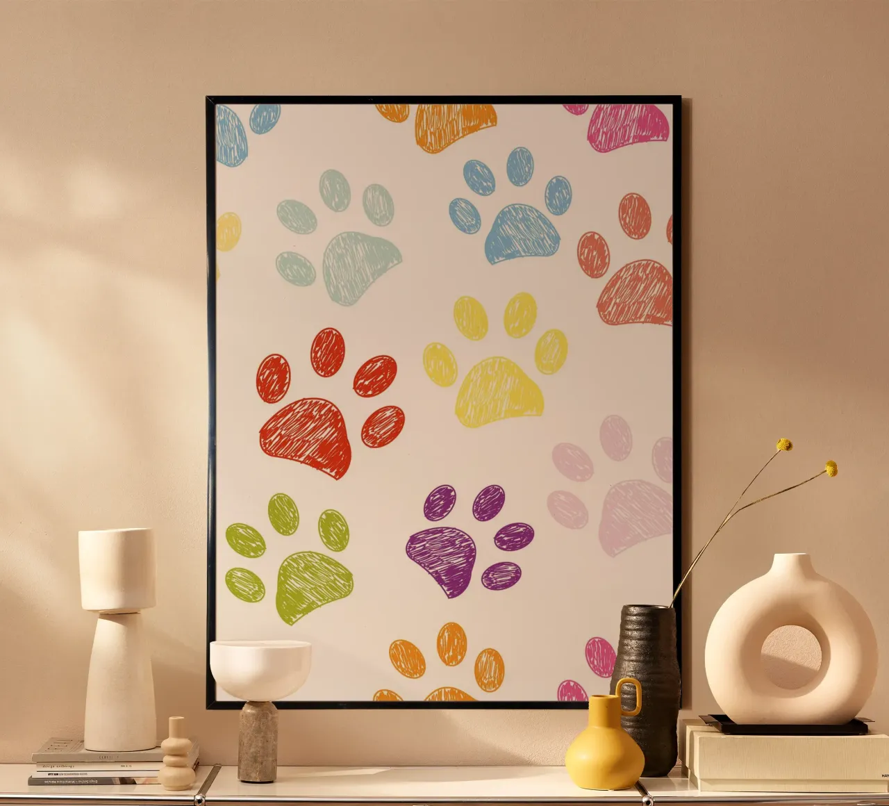 Scarabocchio colorato con impronte di zampe di gatto amante del cane II poster con telaio in alluminio da gulsengunel