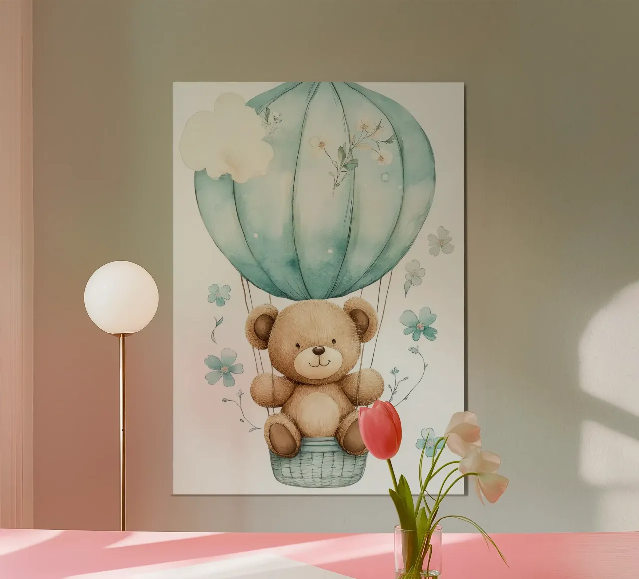 orsacchiotto mongolfiera fiori blu poster con telaio in plastica da Eldon S Kiser