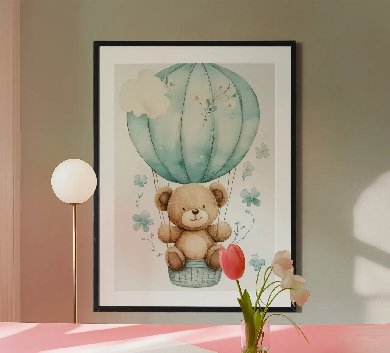 orsacchiotto mongolfiera fiori blu poster con telaio in plastica da Eldon S Kiser