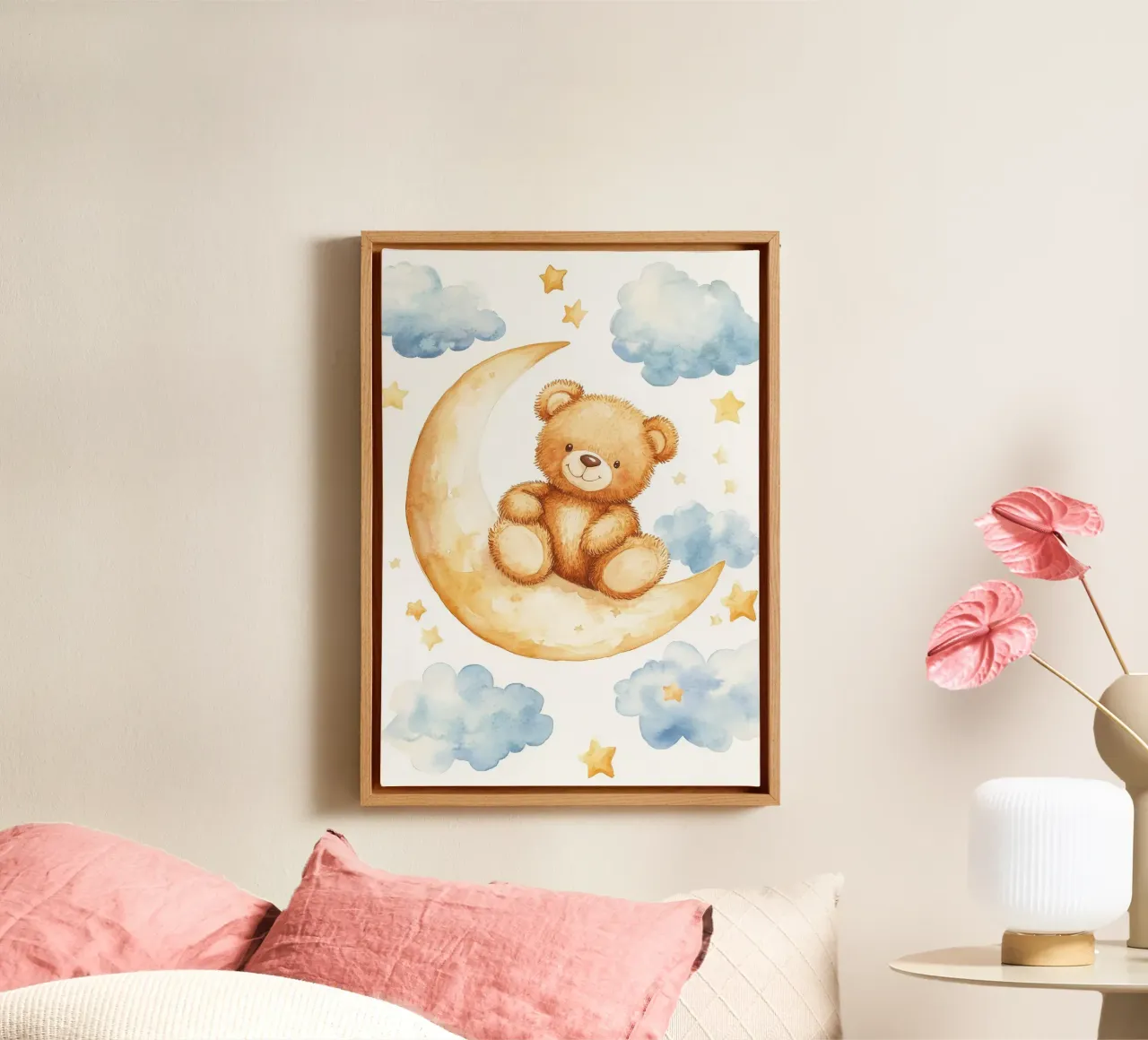 orsacchiotto luna nuvole stelle orso sorridente tela con Cornice a cassetta da Eldon S Kiser