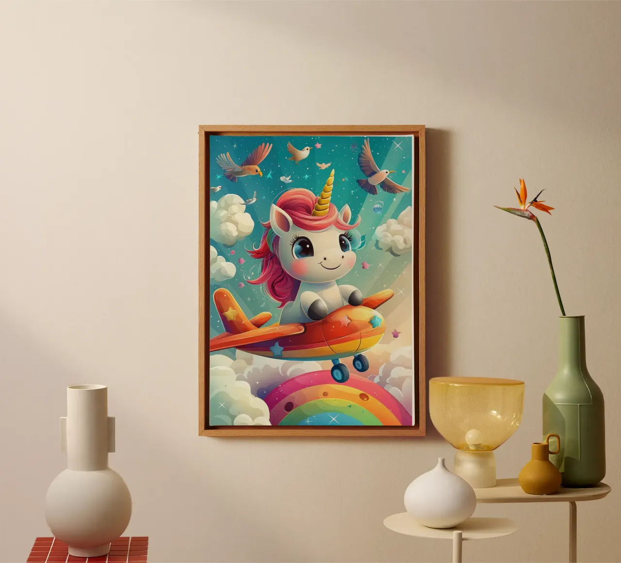 unicorn airplane rainbow clouds canvas with Floater frame by Eldon S Kiser