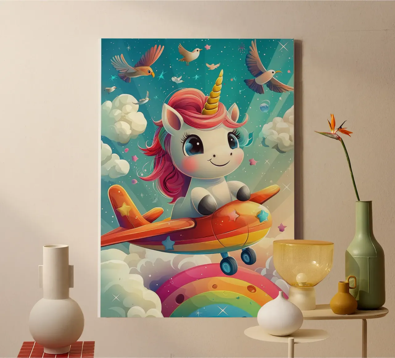unicorn airplane rainbow clouds canvas with Floater frame by Eldon S Kiser