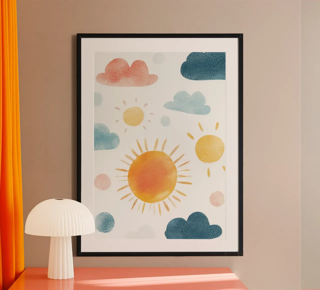 sole nuvole cielo blu arancio poster con telaio in alluminio da Leonard R Sadler