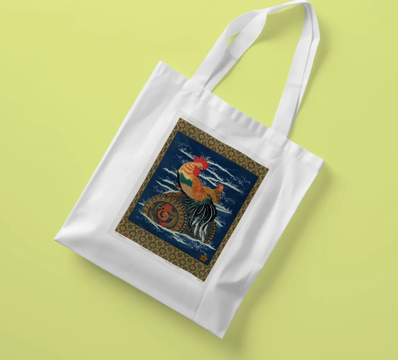 Rooster and hen on a barrel floating in the sea borsa in juta da vintageshop