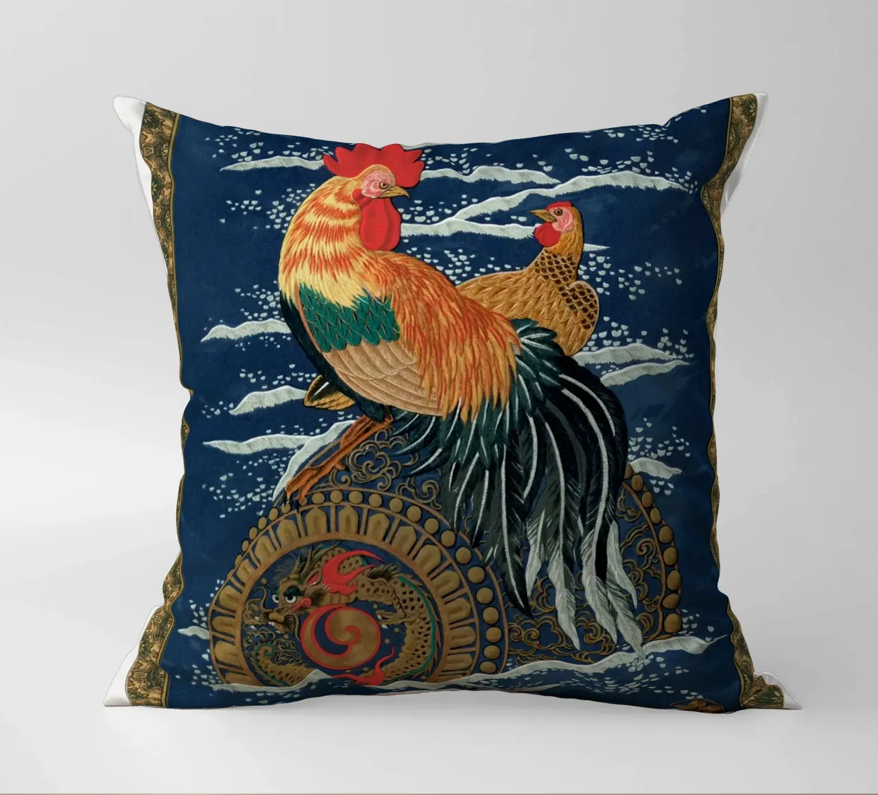 Rooster and hen on a barrel floating in the sea cuscino da vintageshop