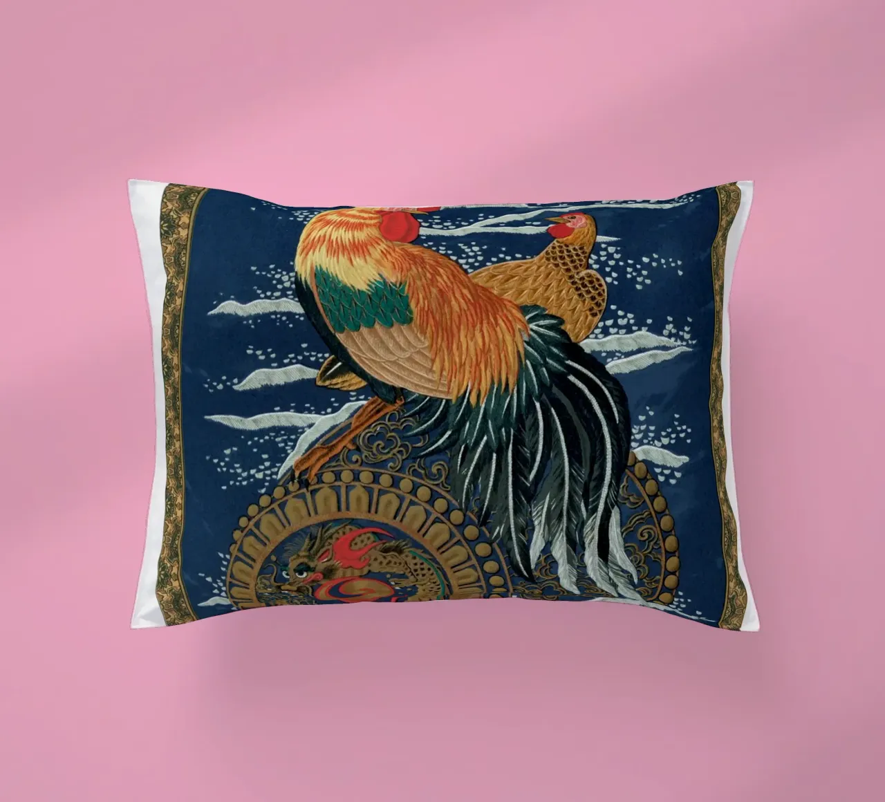 Rooster and hen on a barrel floating in the sea cuscino da vintageshop