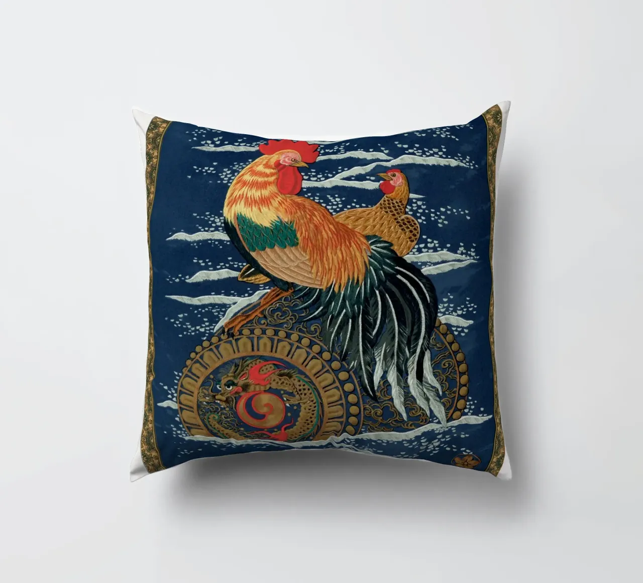 Rooster and hen on a barrel floating in the sea cuscino da vintageshop