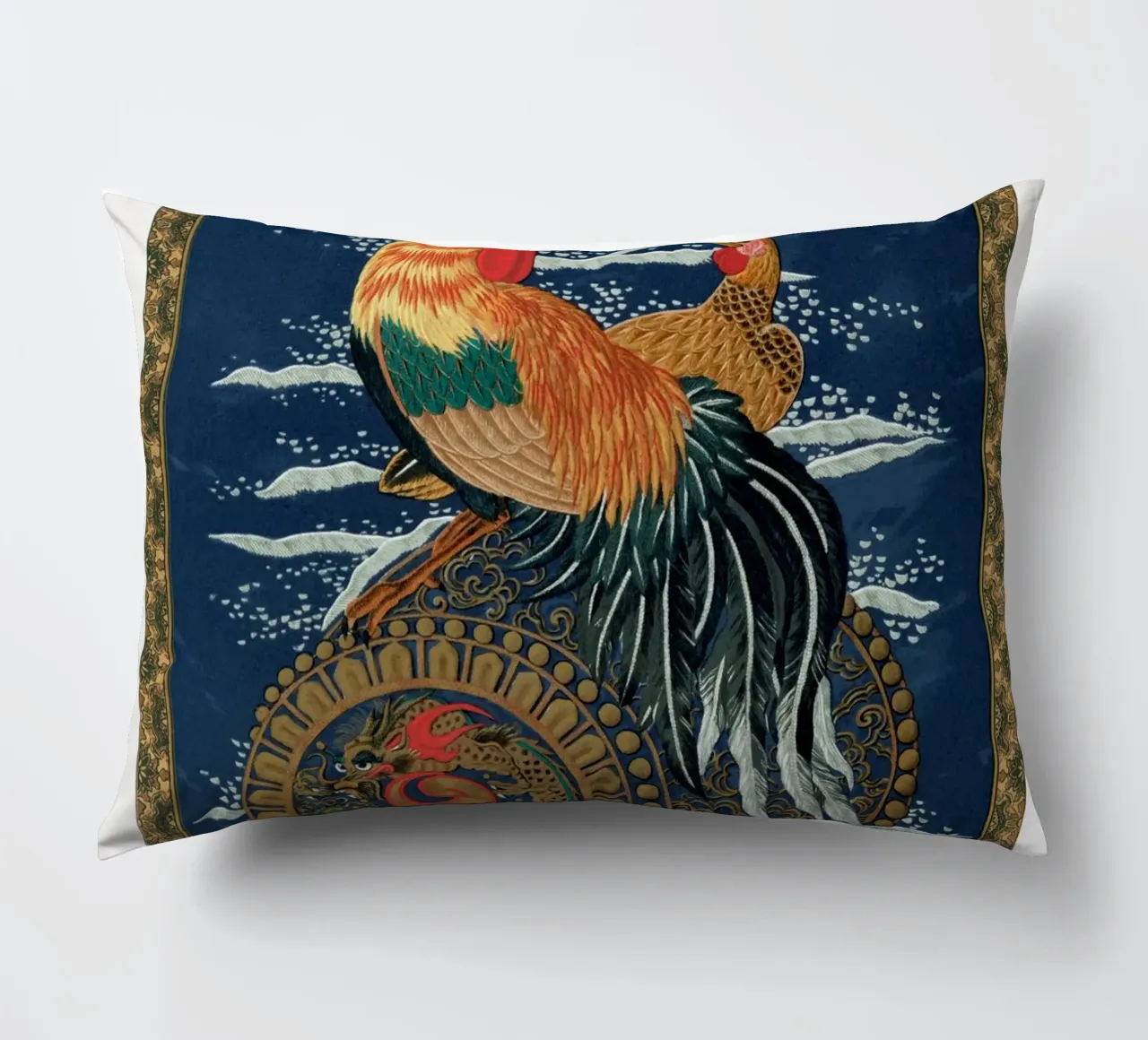 Rooster and hen on a barrel floating in the sea cuscino da vintageshop