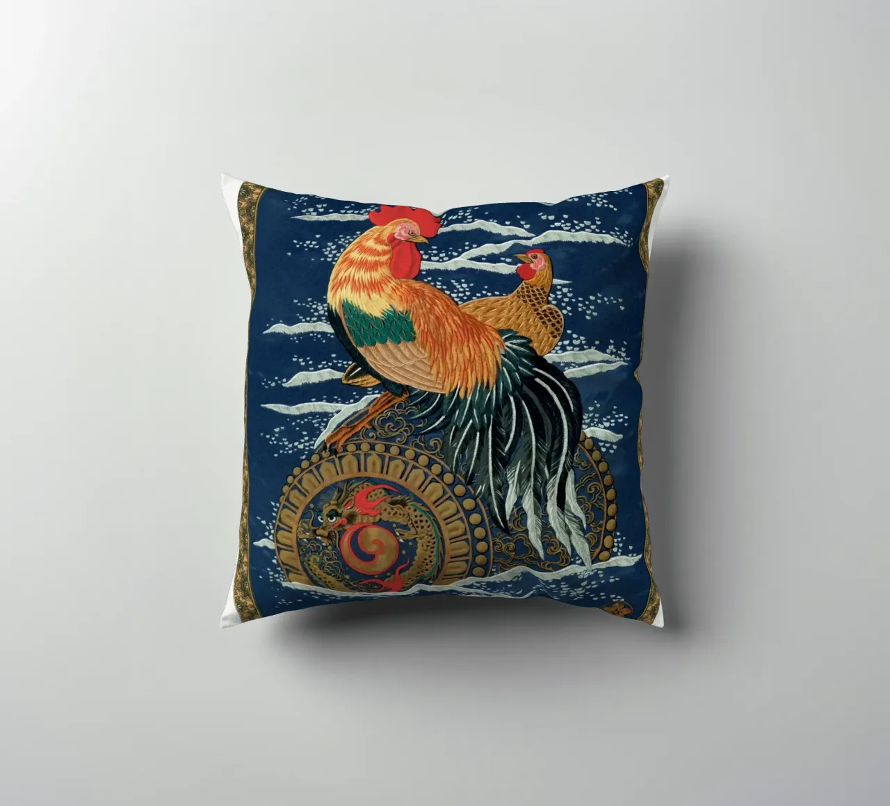 Rooster and hen on a barrel floating in the sea cuscino da vintageshop
