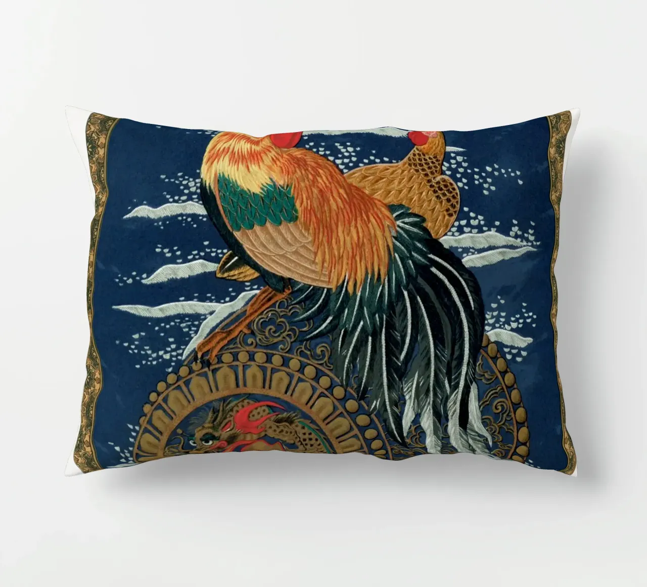 Rooster and hen on a barrel floating in the sea cuscino da vintageshop