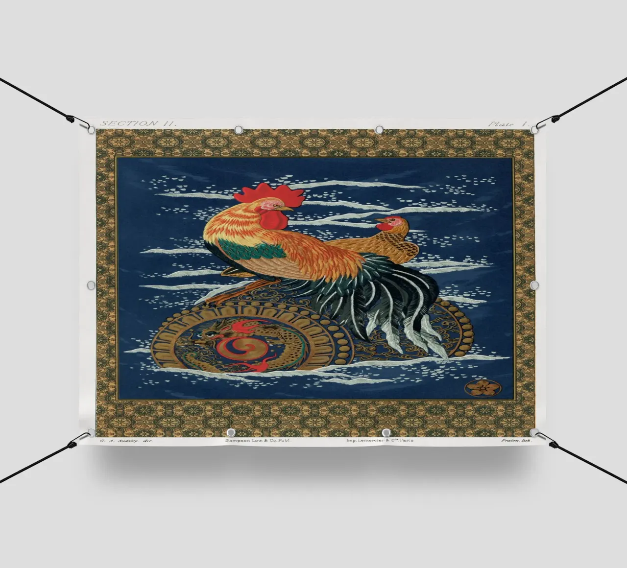 Rooster and hen on a barrel floating in the sea telo in pvc da vintageshop