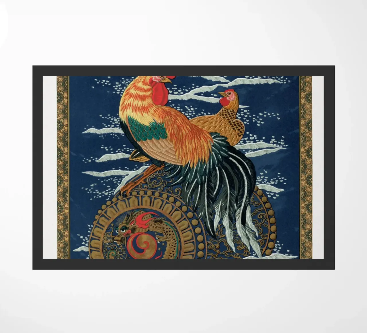 Rooster and hen on a barrel floating in the sea zerbino da vintageshop