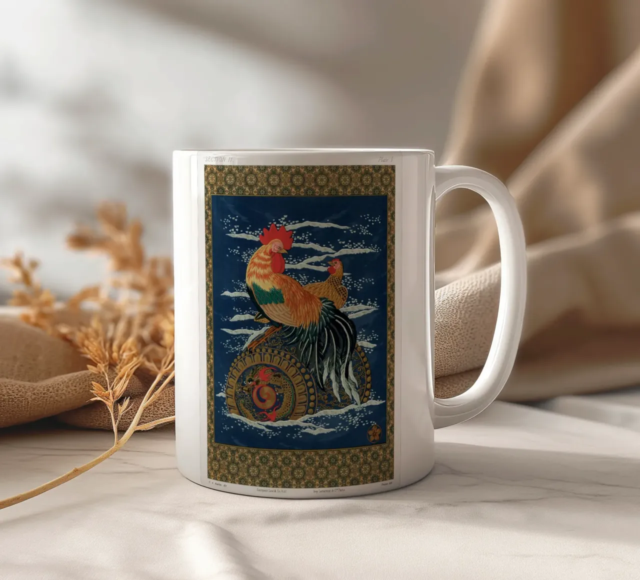 Rooster and hen on a barrel floating in the sea tazza in ceramica da vintageshop