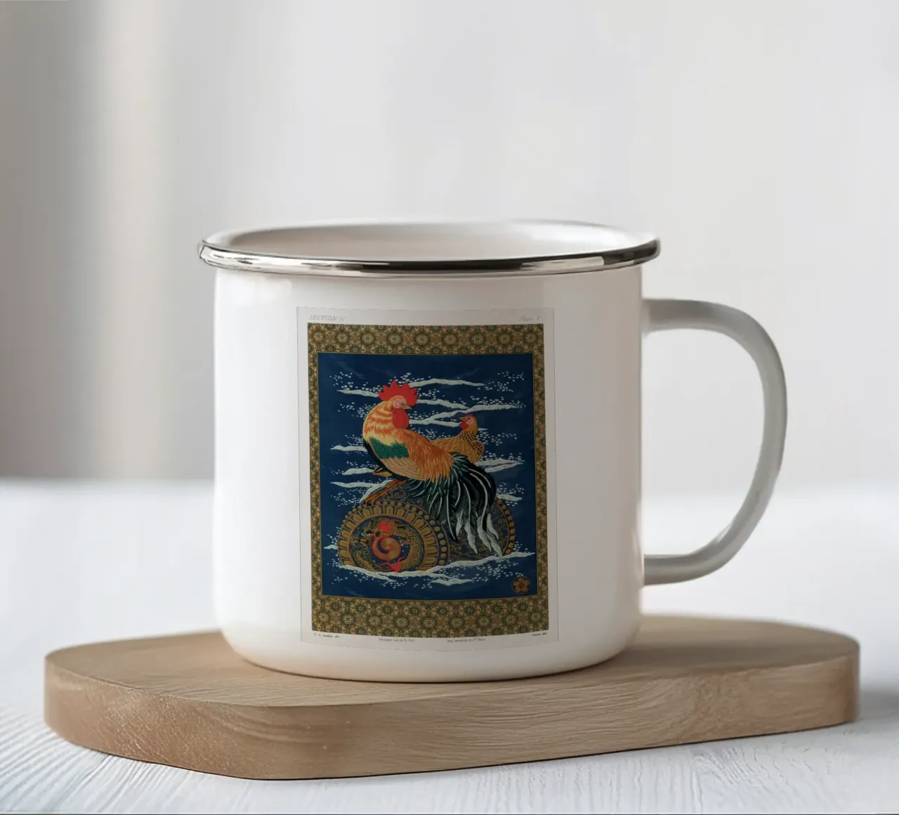 Rooster and hen on a barrel floating in the sea tazza in smalto da vintageshop