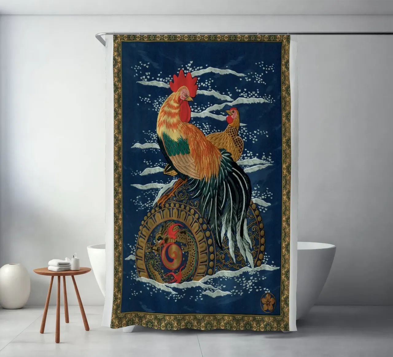 Rooster and hen on a barrel floating in the sea tenda da doccia da vintageshop