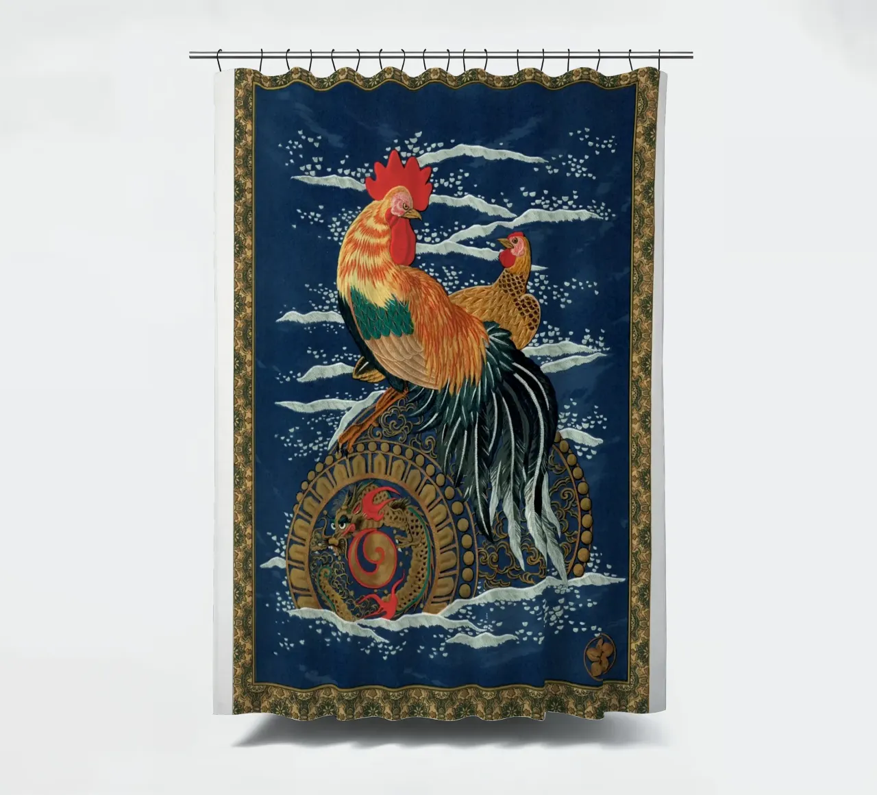 Rooster and hen on a barrel floating in the sea tenda da doccia da vintageshop