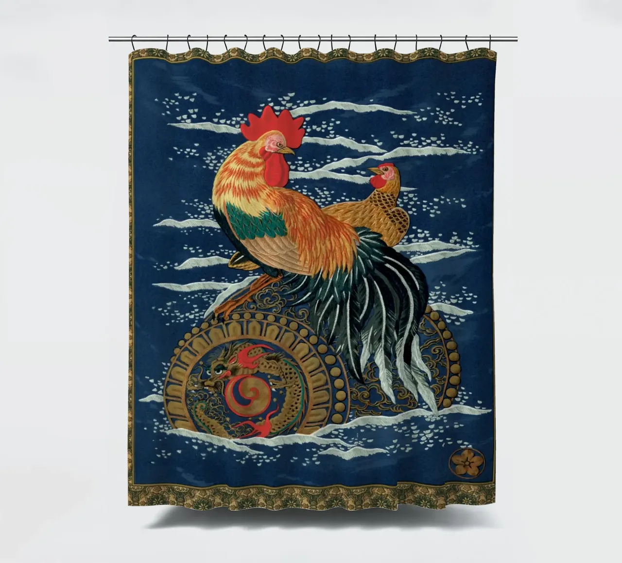 Rooster and hen on a barrel floating in the sea tenda da doccia da vintageshop
