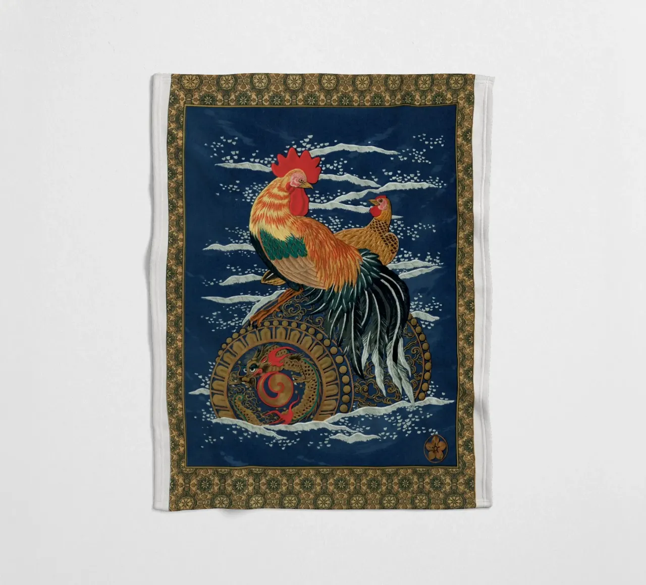 Rooster and hen on a barrel floating in the sea coperta in pile da vintageshop