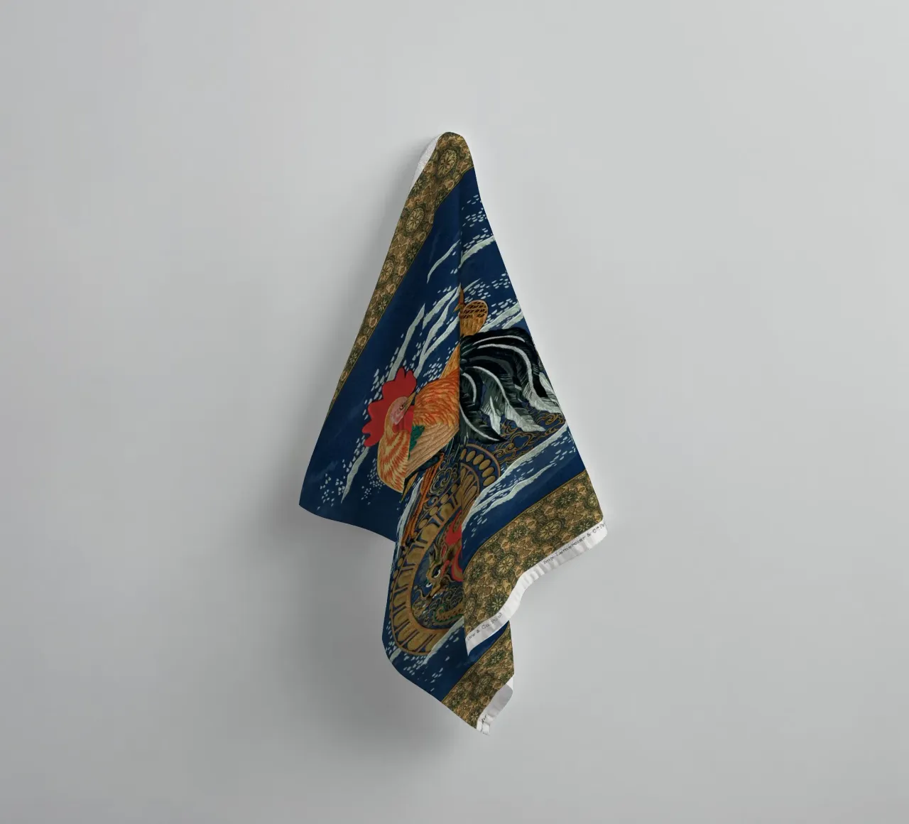 Rooster and hen on a barrel floating in the sea towel by vintageshop