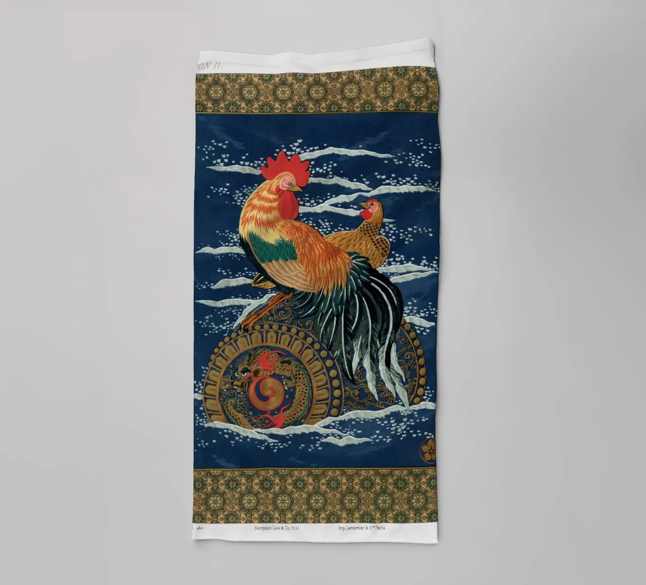 Rooster and hen on a barrel floating in the sea towel by vintageshop