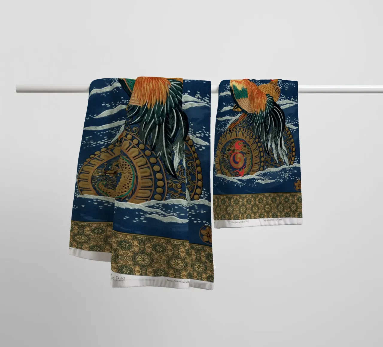 Rooster and hen on a barrel floating in the sea towel by vintageshop