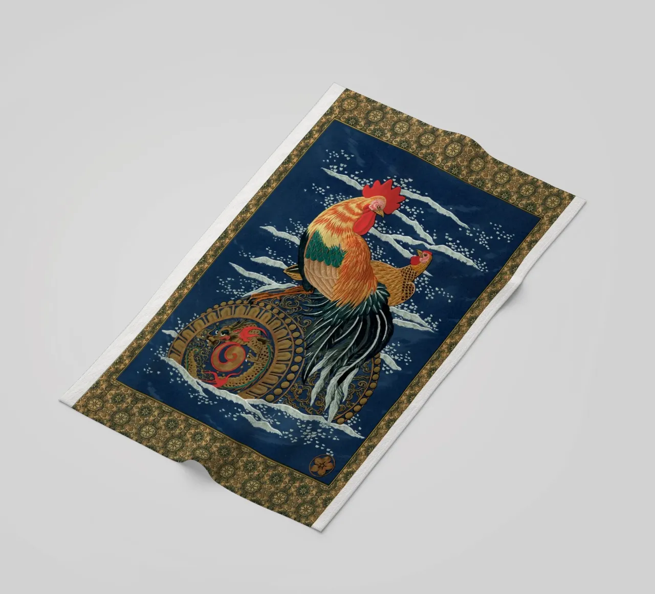 Rooster and hen on a barrel floating in the sea telo mare da vintageshop